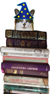 Zooey the cat, wearing a wizard hat, peeks over a stack of fairy tale books