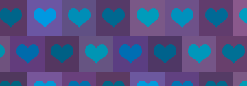 A pattern of purple squares with blue hearts in them