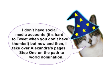 Zooey the cat, wearing a wizard hat, says: "I don’t have social media accounts (it’s hard to Tweet when you don’t have thumbs!) but now and then, I take over Alexandra’s pages. Step One on the path to world domination..."